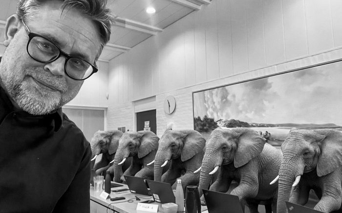 Jens Ørnsholt selfie på rådhuset i Aabybro foran et maleri med elefanter